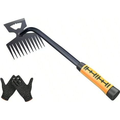 Désherbeur Manuel, 11 Dents Rateau de Désherbag, Râteau de Jardin en Acier Inoxydable Outil de Désherbage,avec gants (1/2)
