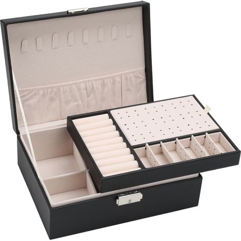 TolleTour Boîte à bijoux Coffret à Bijoux Rangement Organiseur à double couche avec serrure Noir Coffret Bijoux Verrouillable Jewelry Stockage