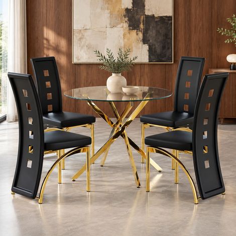 Conjunto de mesa de comedor y 4 sillas, vidrio templado 88 cm, negro y dorado DESVIAE (1/5)