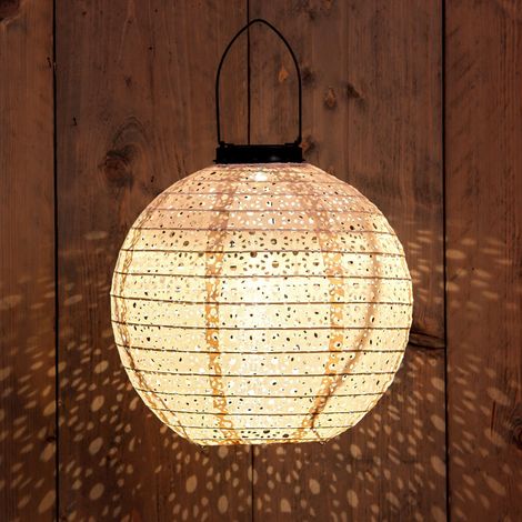 LED Solar Textil Lampion rund creme - 25 cm - Garten Deko Beleuchtung warm weiß