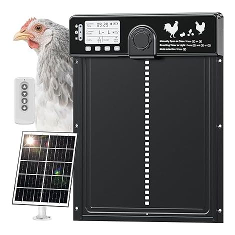 CHAMUTY Large Automatic Solar Aluminium Chicken Coop Door with Brightness Sensor, Automatic Electric Chicken Coop Door with Remote Control, Timer, Anti-Pinch Function, 24 x 27.5 cm (1/5)