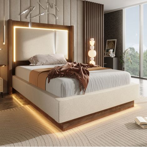 Cama arca 90x200 cm - Con cabecero con LED - Con somier de lamas - De lino y madera - Beige y nogal - Sin colchón (1/5)