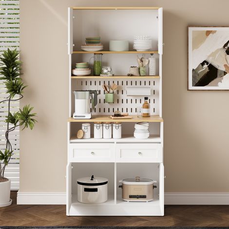 Credenza 80x40x175 cm bianca in MDF e truciolato con ante effetto fienile, nicchia portaoggetti e sistema antiribaltamento (1/5)