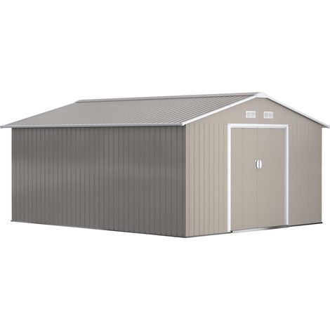 Cobertizo de jardín de acero galvanizado 12,4 m² 340 x 386 x 200 cm gris claro con puerta corredera (1/5)