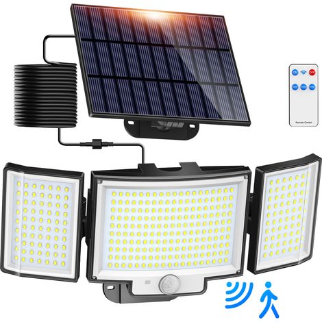 Lampe Solaire Extérieure 328 LED à Panneau Séparé, Projecteur Solaire Multi-Têtes avec Détecteur de Mouvement PIR, 3 Modes d’Éclairage, Blanc Froid, IP65 Étanche, Éclairage Mural pour Jardin, Terrasse (1/4)