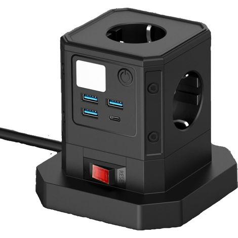 Berker Steckdose Typ C mit USB (max. 250 V / 10 A / 2500 W), Würfelsteckdose mit LED-Beleuchtung, multifunktionaler Smart-Stecker, Steckdosenleiste mit Kabel (4 AC + 3 USB + Typ C, Schwarz), EU-Größe (1/3)