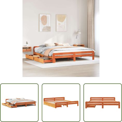 vidaXL Tiroir sous lit - Cadre de lit sans matelas cire marron 200x200cm bois pin massif (1/5)