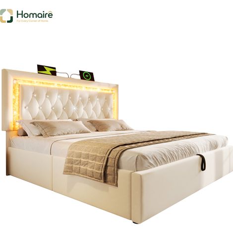 Cadre de lit en velours beige avec rangement et port USB 209 x 187 x 104 cm HOMAIRE (1/5)