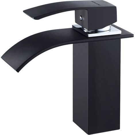 Robinet Cascade Mono-trou Mitigeur Lavabo Noir Mat Robinetterie Lave-mains avec Levier Unique en Cuivre Mélangeur à l'Eau Chaude et Froide pour Salle de Bain, Surface ORB (1/5)