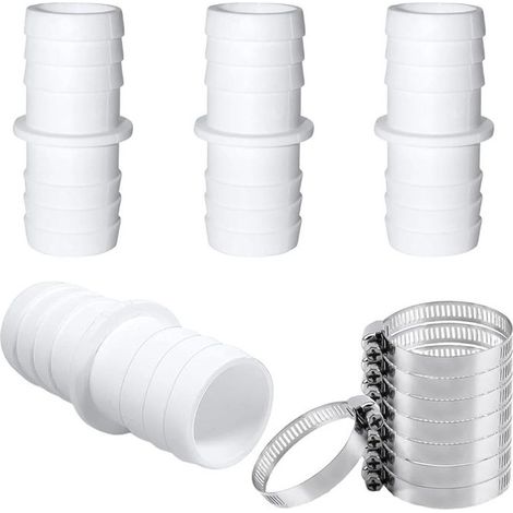 Le kit de connexion rapide pour tuyau de piscine de 38 mm comprend deux connecteurs de 38 mm et quatre colliers de serrage métalliques/adaptateurs pour tuyau d'aspirateur manuel. (1/5)