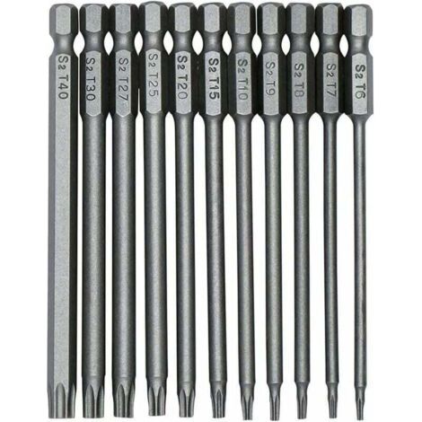 Pair 11 embouts de tournevis Torx S2 1/4 pouce 100 mm, foret hexagonal de précision, tournevis de sécurité magnétique, tournevis Torx à tête longue T6-T40. (1/4)