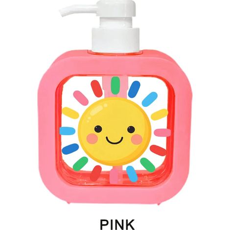Distributeur de savon rose 300 ml, motif soleil souriant et rayons colorés, pour la salle de bain, la cuisine et la décoration intérieure. Usage quotidien. (1/5)