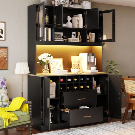 Aparador 120 x 36,3 x 180 cm con LED, enchufe integrado, 6 puertas, 2 cajones, negro OKMYHOME (1/5)