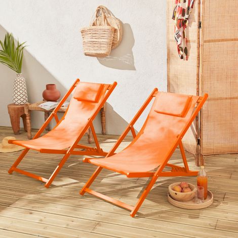 Lot de 2 bains de soleil - Gaia orange - Transat en aluminium gris anthracite et textilene orange avec coussin repose tête. chilienne