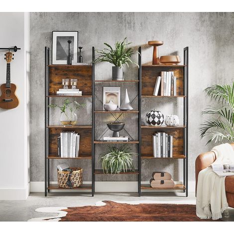 Vasagle – Bibliothèque industrielle marron 158 x 24 x 166 cm – 14 compartiments en aggloméré et acier – Panneaux arrière pour sécurité – Kit anti-basculement inclus