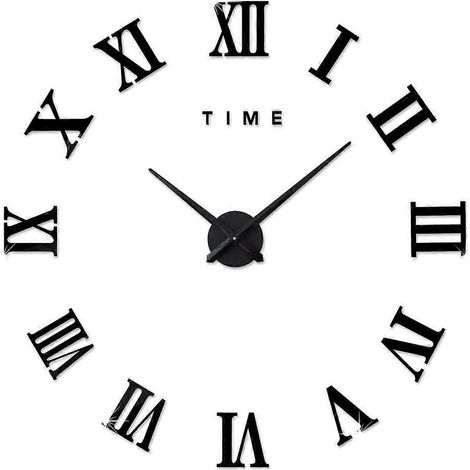 Horloge murale moderne à monter soi-même, grand format, chiffres romains, autocollants 3D, décoration pour la maison ou le bureau, amovible (pile non incluse), noire (1/4)