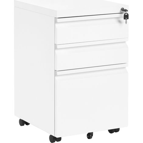 Storage Cabinet White Steel 3 Drawers with Plastic Wheels Key-Locked Modern Office RECAMI (1/5)