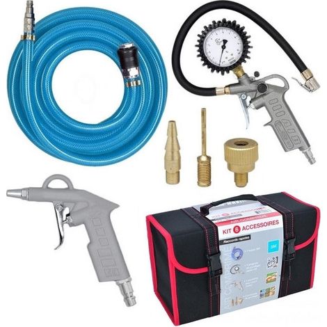 Prodif – Kit 6 accessoires raccords rapides pour compresseur – Tuyau renforcé 5m – Poignée gonflage métal CE – Soufflette et embouts inclus (1/4)