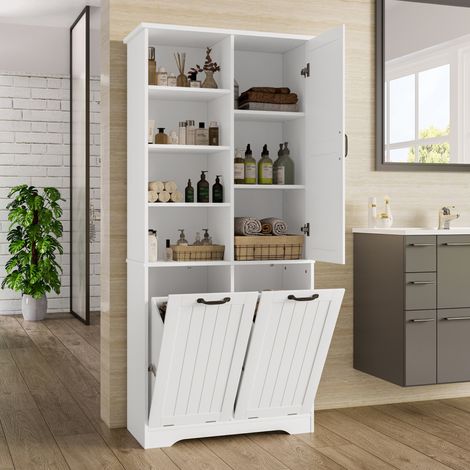 Armario de baño de MDF blanco 78 x 35 x 172,7 cm con 2 cestos para ropa - CHICFURN (1/5)