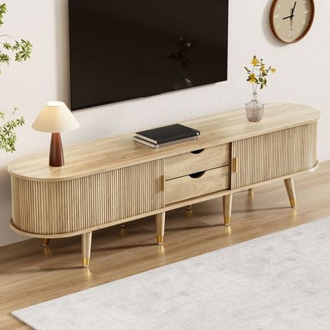 Meuble TV 180x40x50, rangement polyvalent Meuble TV avec rangement, portes coulissantes, finition chêne clair, passe-câbles (1/5)