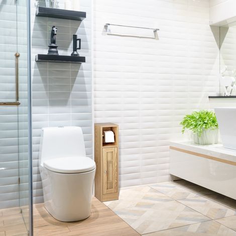 Meuble de salle de bain avec rangement et porte rouleau de papier toilette