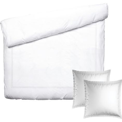 Parure de lit 3 Pièces 2 Personnes - Housse de Couette 260x240 cm et 2 Taie Oreiller 63x63 cm – 100% Satin de Coton, 80 Fils – Calanques – Blanc (1/5)