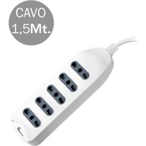 Regleta V-TAC con cable de 1,5 m, 5 tomas, 10/16 A, 2P+T, dos pasos, con conexión a pared, enchufe 16 A, 2P+T, color blanco (1/2)