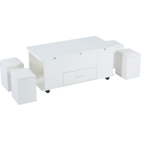 Multifunktionaler höhenverstellbarer Couchtisch Weiß mit 4 Hockern, Schublade und Rollen (1/5)