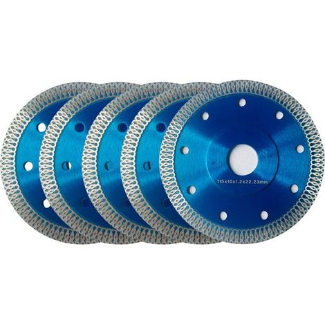 Diamond disc 115 mm, set of 5 diamond cutting discs Ø 115 x 1.2 mm x 22.23 mm, for angle grinders, cutting porcelain, tiles, granite, marble, ceramics, reinforced concrete, blue