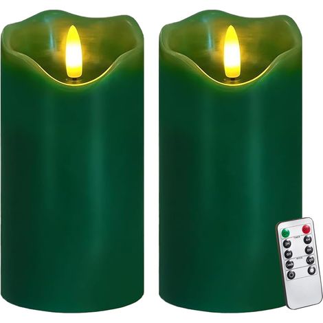 Lot de 2 bougies piliers électriques sans flamme vertes à LED vacillantes avec télécommande et minuteur, en cire véritable à intensité variable, fonctionne à piles pour décoration de Noël (1/5)