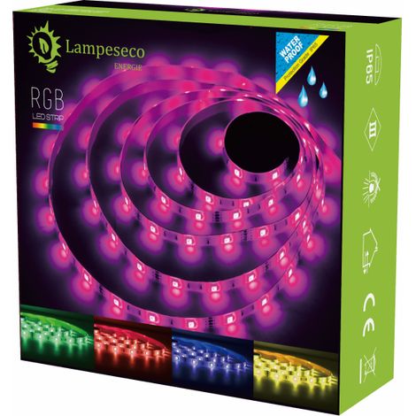 Lampesecoenergie – Bande LED 5m RGB auto-adhésive – 150 LEDs – IP65 pour extérieur – Tension 230V – Télécommande incluse (1/2)