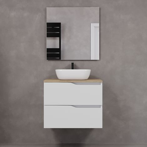 Meuble de salle de bain 70cm avec plateau miel et vasque à poser zeus - 2 tiroirs - blanc - LUNA (1/5)