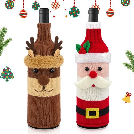 Lot de 2 Couverture de Bouteille de Vin de Noël, Père Noël et Renne, Tissu Tricoté Doux, Élégante Housse de Bouteille de Noël pour Table et Cadeaux (2) (1/5)