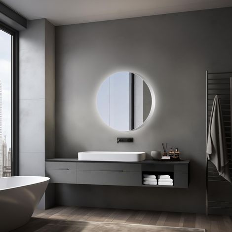 Armoire de Toilette Lumineuse Style Ø80 cm - Meuble de Salle de Bain avec Miroir et 2 étagères - Aluminium - Fond Miroir (1/5)