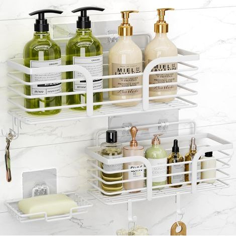 Adhesive shower shelf with soap dish and 4 hooks, rustproof, no drilling required, wall-mounted, white (1/5)