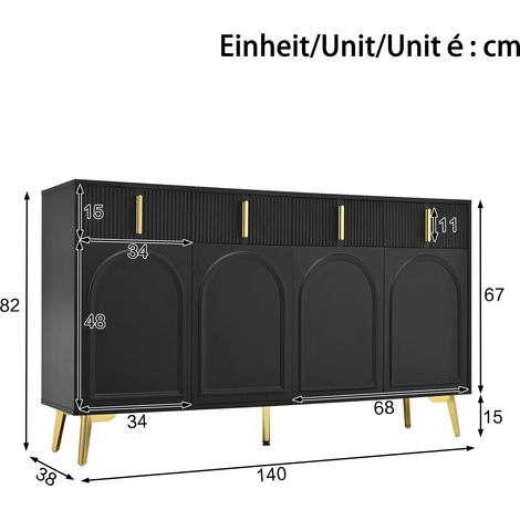 Buffet avec poignées et pieds dorés, 4 portes, 4 tiroirs, stratifié amovible, idéal pour salon et salle à manger, 140x38x82 cm. (1/5)