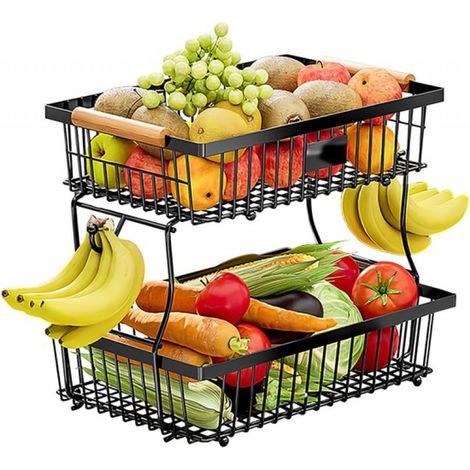 Corbeille à fruits à 2 niveaux avec crochets pour bananes – Grand bol à fruits en métal avec poignées en bois – Corbeille à fruits amovible pour fruits, légumes, pain et en-cas – Organisateur de cuisi (1/5)