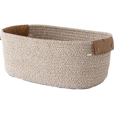panier de rangement en corde de coton tressé avec poignées en cuir, 28 x 17 x 11 cm, brun (1/5)