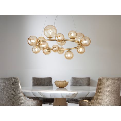 Große LED Pendelleuchte 16-flammig Gold-Glaskugeln Bernsteinfarbig, Ø 82cm