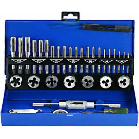 Tigrezy Coffret tarauds et filières 32 PCS HSS Jeu de tarauds et matrices Clés métriques coupées M3-M12 Outil de filetage à la main Taraud en carbure de tungstène Matrice de filetage à vis Outil de fa (1/4)