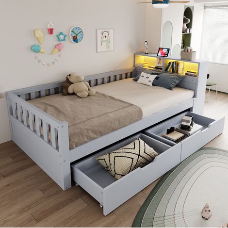 Lit enfant 90 x 200 cm multifonction avec tiroirs, étagères, LED et prises, gris DESVIAE (1/5)