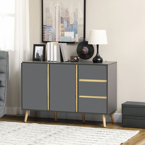 Buffet bas meuble de rangement sur pieds style scandinave 2 portes 3 tiroirs 120 x 40 x 80 cm gris anthracite