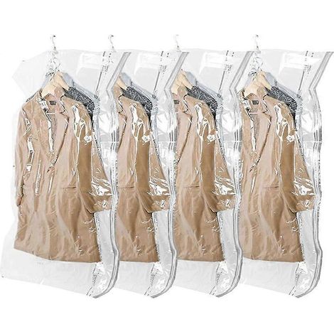 Lot de 4 housses à vêtements suspendues sous vide avec crochets, gain de place de 80 %, 70 x 105 cm, transparentes, idéales pour vêtements et robes (1/5)