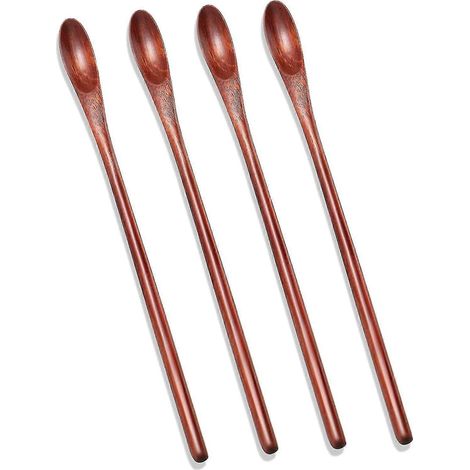 Lot de 4 cuillères à café en bois à long manche, cuillères à cocktail, cuillères à thé glacé en bois, petite cuillère pour mélanger le café et le thé, 20 cm (7,87 pouces) - (1/5)
