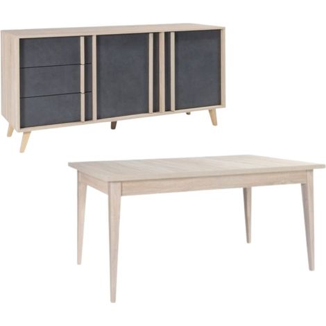 Salle à manger complète MALMO avec table 6 places 160 cm et buffet 165 cm – Chêne clair et gris (1/5)