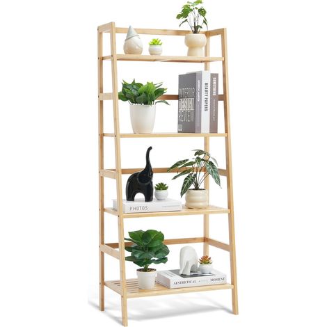 Étagère échelle en bambou 4 niveaux, bibliothèque ouverte trapézoïdale, support pour plantes et fleurs, salle de bain et bureau (1/5)
