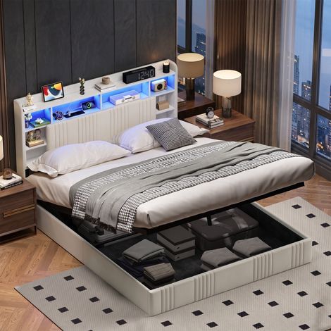 Lit coffre 160x200 cm - cadre double adulte avec sommier à lattes - tête de rangement bibliothèque et led rgb - station de charge usb usb-c - tissu en lin moderne beige (1/5)