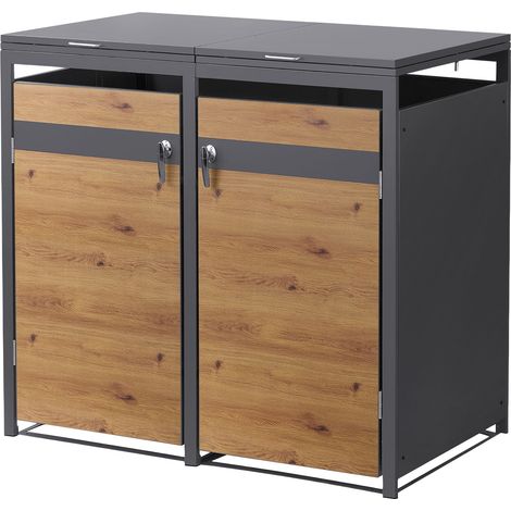 ML-Design Mülltonnenbox 2er 240L, Mülltonnenverkleidung für 2 Mülltonnen, Müllbox wetterfest, Mülltonnenhaus aus Stahl, Müllcontainer mit Deckel, abschließbare Tür, 132x80x120 cm Anthrazit-Holzoptik (1/5)
