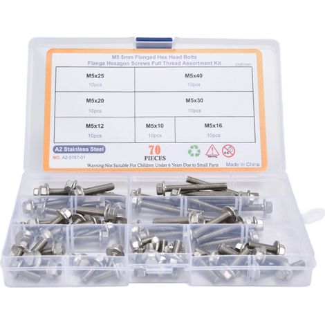 Kit de 70 pièces boulons M5 à tête hexagonale fraisée, vis à embase en acier inoxydable, assortiment de fixations. (1/5)