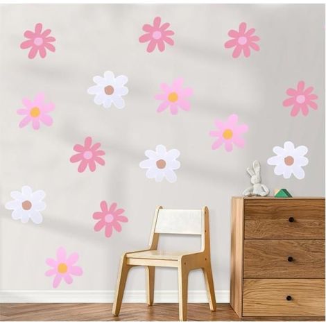 Set mit 6 Wandaufklebern mit Gänseblümchen-Motiv für Kinderzimmer, Schlafzimmer oder Klassenzimmer (rosa und weiß)